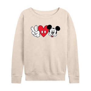 Women's - Disney - Peace Love Mickey Lightweight French Terry Wide Neck Long Sleeve Shirt - 1 of 4