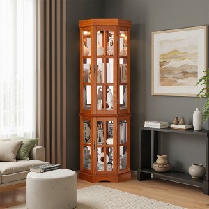 Wooakway 71"H Oak Finish Corner Curio Cabinet with 5 Shelves and Display Lighting - 1 of 4
