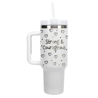 Elanze Designs Strong & Courageous Hearts Polka Dots 40 oz. Stainless Steel, Large Water Bottle Coffee Mug, Spill & Leak Resistant, Thermal Travel