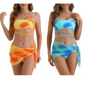 INSPIRE CHIC Women's Adjustable Spaghetti Straps Strappy Triangle Bottoms with Mesh Skirt Bathing Bikini Suit 2 Sets - 1 of 4