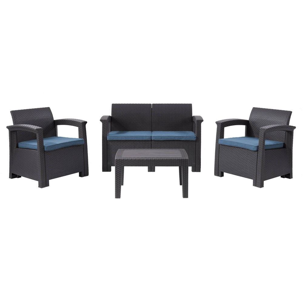 Photos - Garden Furniture CorLiving Lake Front 4pc Rattan Patio Set with Cushions - Black/Blue  