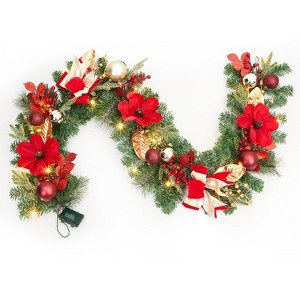 6FT Pre-Lit Christmas Garland with 20 LED Lights, Xmas Garland with Red, Gold & Silver Ball Ornaments, Flowers, Ribbons, for Indoor Outdoor - 1 of 4