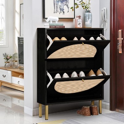 TIRAMISUBEST Black Rattan Shoe Cabinet - Modern 2 Flip-Drawer Storage Organizer for Entryway, Hallway or Living Room