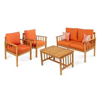 Everly 4-Piece Modern Cottage Acacia Wood Outdoor Patio Set with Cushions and Tropical Decorative Pillows - JONATHAN Y