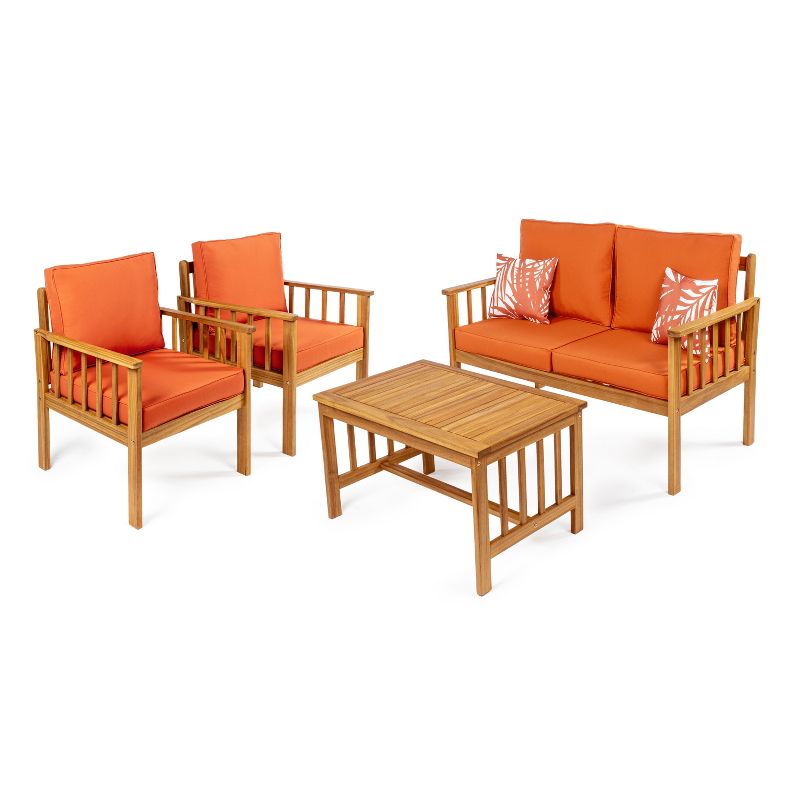 Everly 4-Piece Modern Cottage Acacia Wood Outdoor Patio Set with Cushions and Tropical Decorative Pillows - JONATHAN Y, 1 of 7
