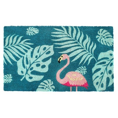 Raj 1'6" x 2'6" Tufted Palm Leaves Flamingo Coir Doormat Blue/Pink