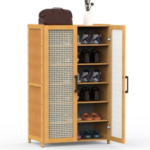 NewHome"6-Tier Bamboo Shoe Cabinet with Hollow Doors & Handles, Freestanding Shoe Organizer, 154lbs Capacity"Bamboo - 1 of 4