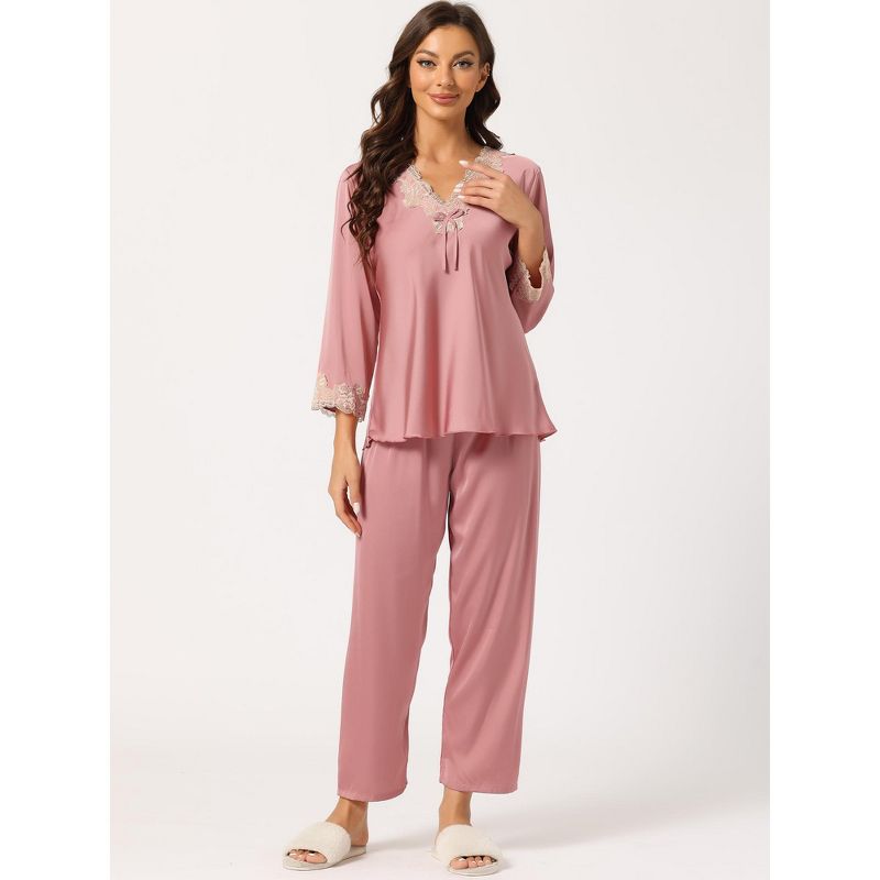 Allegra K Women’s Soft long sleeve Lace Night Suit Pajama Sets, 2 of 6