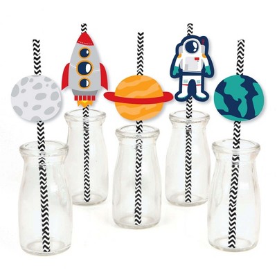 Big Dot of Happiness Blast Off to Outer Space - Paper Straw Decor - Rocket Ship Baby Shower or Birthday Party Striped Decorative Straws - Set of 24