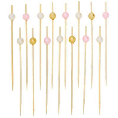 Okuna Outpost 300 Pack Pearl Cocktail Picks, Bamboo Toothpicks (4.7 in, 3 Colors)