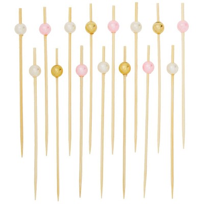 Okuna Outpost 300 Pack Pearl Cocktail Picks, Bamboo Toothpicks (4.7 in, 3 Colors)