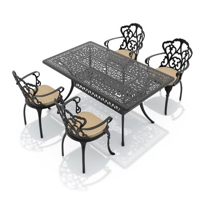5-Piece 58.27'' L Rectangular Cast Aluminum Outdoor Dining Set with Umbrella Hole and Beige Cushions