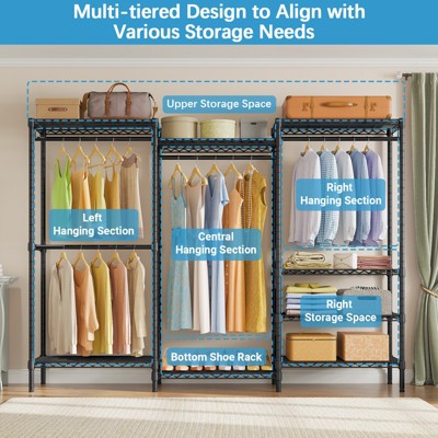 Black Heavy Duty Freestanding Metal Closet Rack with Shelves and Hanging Rods