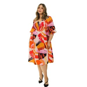 Slickblue Plus Size Coral Multi Floral Print Square Neck Midi Dress with Smocked Bodice and 3/4 Puff Sleeves, Size 1XL-3XL - 1 of 4