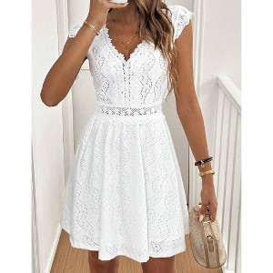 Women's V-Neck Midi Dress Lace Hollow Out A-Line Cocktail Party Dress White  S : Target