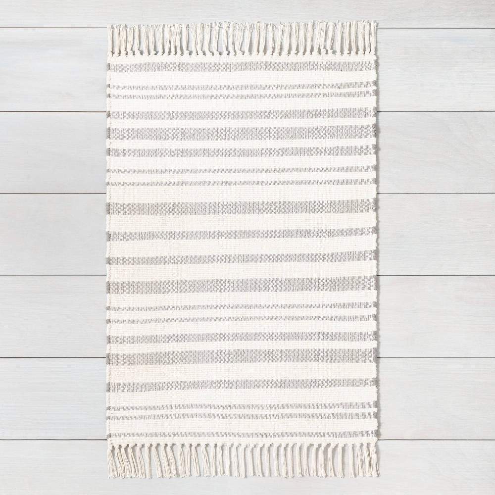 Photos - Area Rug 3'x5' Stripe with Fringe Accent Rug Gray - Hearth & Hand™ with Magnolia