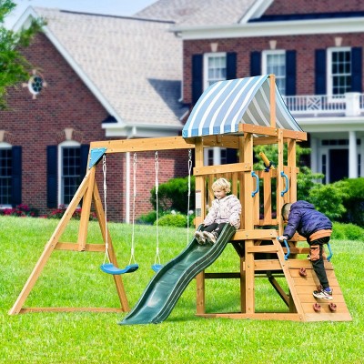 ROBOTIME Play And Swing Sets Wooden Outdoor Swing Set With Swings, Slide, Rock Climbing Wall, Backyard Kid Swing Toy, Multicolored, 134"*110.5"*96.8"