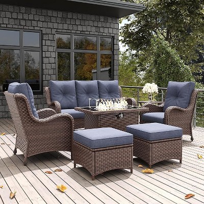 LayinSun Outdoor Patio Furniture Set, Brown Rattan Wicker Sectional Swivel Rocker Chairs Sets with Ottomans, Swivel Glider Chair