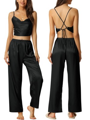 cheibear Women's Satin Cowl Neck Sleeveless Crop Cami Sleepwear with Pants Sliky Lounge Set
