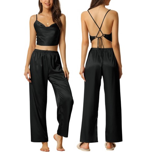 cheibear Women's Pajama Party Satin Silky Summer Camisole Cami Pants Sets  Black Large