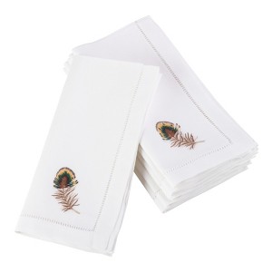 Saro Lifestyle Embroidered Multicolor Feather Design Hemstitched Trim Border Cotton Napkin (Set of 6), 20"x20", White - 1 of 2