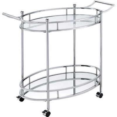 Serving Cart with Tubular Frame and 2 Tier Glass Shelves Chrome - Benzara