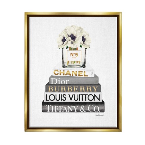 Stupell Industries Blooming White Floral Display on Glam Designer Bookstack  Gold Floater Framed Canvas Wall Art, 24 x 30