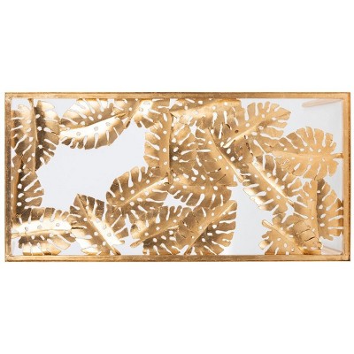 Elegant Gold Leaf Rectangular Glass Coffee Table with Palm Design