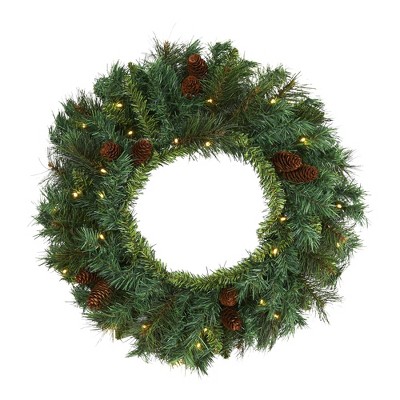 Nearly Natural 20” Mixed Pine and Pinecone Artificial Christmas Wreath with 35 Clear LED Lights