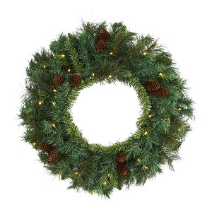 Nearly Natural 20” Mixed Pine and Pinecone Artificial Christmas Wreath with 35 Clear LED Lights - 1 of 4