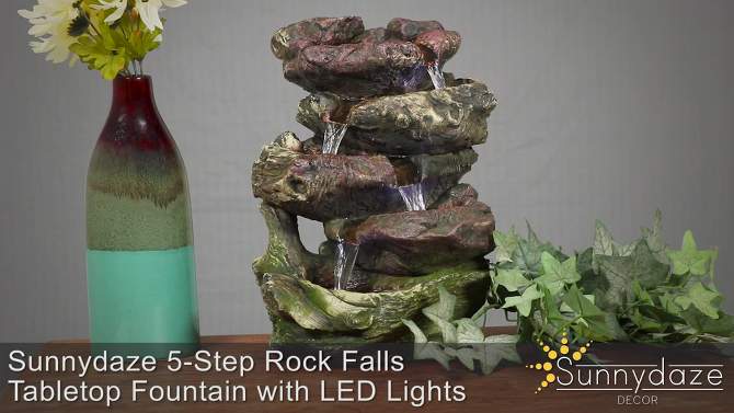 Sunnydaze Indoor Decorative Calming 5-Step Rock Falls Waterfall Tabletop Water Fountain with LED Lights - 14", 2 of 14, play video