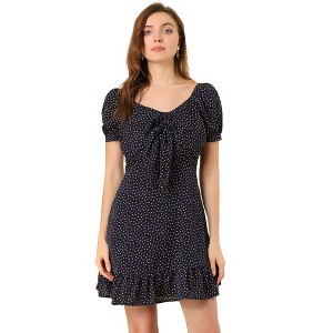 Allegra K Women's Vintage Tie Knot Sweetheart Neck Heart Print A-Line Ruffle Mini Dress - 1 of 4