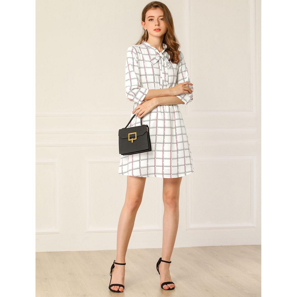 Женские платья INSPIRE CHIC Women's Plaid Tie Neck Puff Sleeve Dress White Medium — фото 2