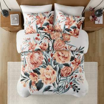 3pc Blossom Floral Cotton Comforter Set Peach/Off-White - Madison Park