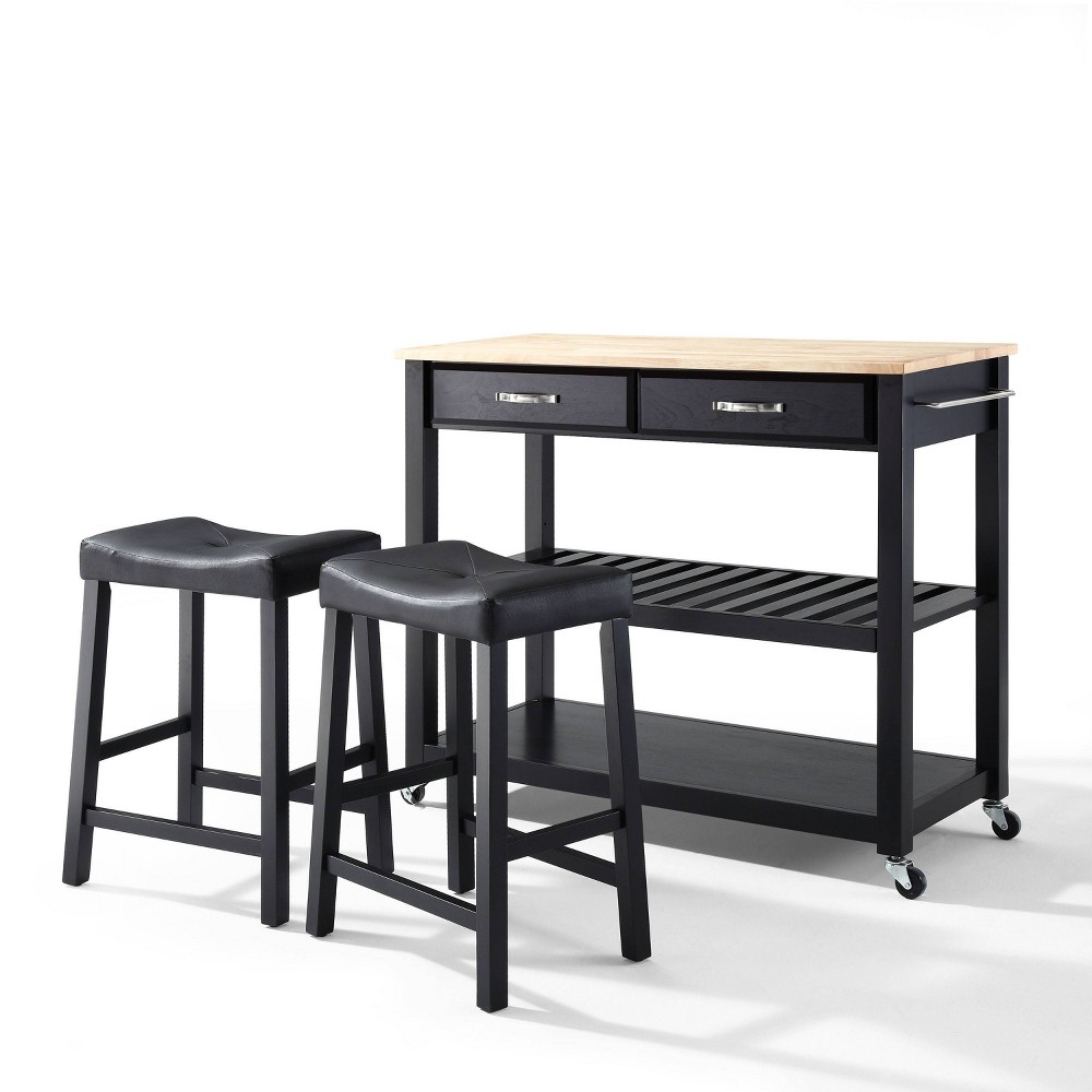 Photos - Other Furniture Crosley Wood Top Kitchen Prep Cart with 2 Upholstered Saddle Stools Black - Crosle 