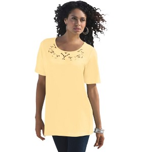 Roaman's Women's Plus Size Eyelet Cutout Tee - 1 of 4