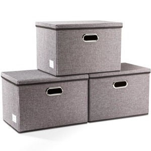 Aoibox Large Collapsible Storage Bins with Lids Linen Fabric Foldable Organizer Boxes Cube Home Closet Office 3 Pack - 1 of 4