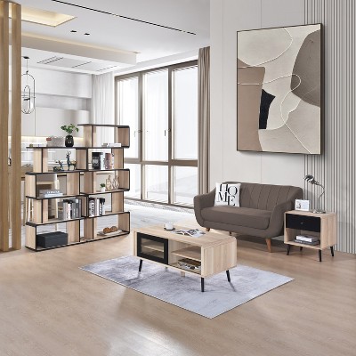 Kings Brand Furniture Nathan Bookcase – Modern Asymmetrical Wood Storage for Living Room or Home Office Décor, Oak with Black Edge