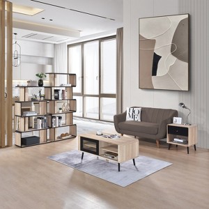 Kings Brand Furniture Nathan Bookcase – Modern Asymmetrical Wood Storage for Living Room or Home Office Décor, Oak with Black Edge - 1 of 4