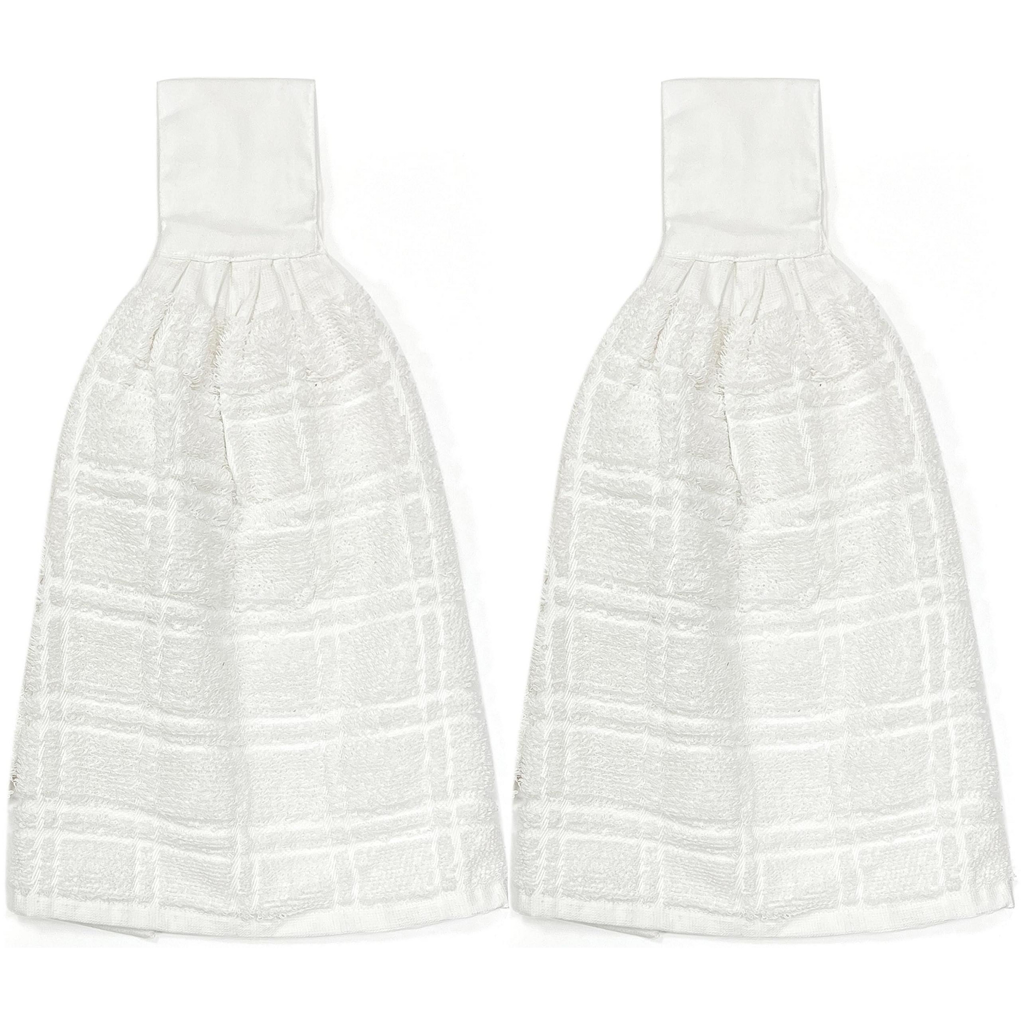 KOVOT Set of 2 Cotton Hanging Tie Towels | Include (2) Hanging Towels That Latch with Hook & Loop (White)