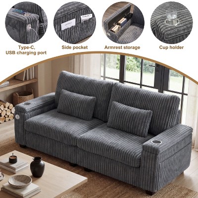 Feature highlights of the sofa: USB charging port, side pocket, armrest storage, cup holder