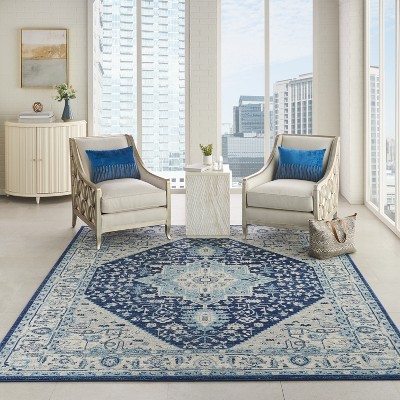 Ivory/Navy Synthetic 8' x 10' Rectangular Easy-Care Rug