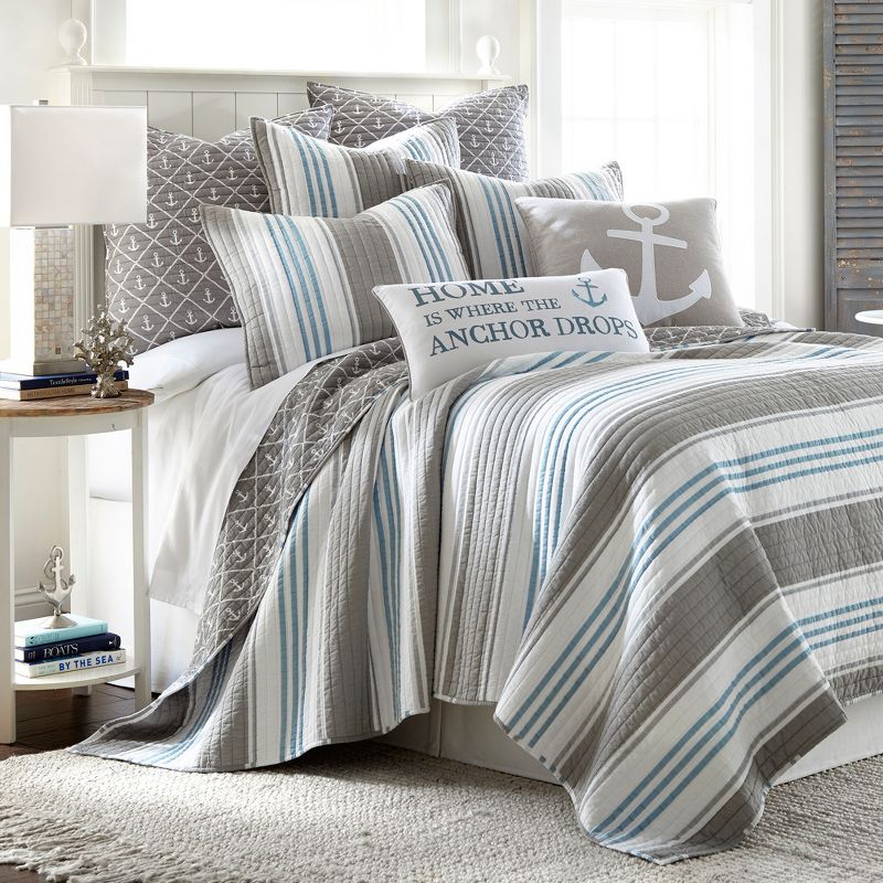 Provincetown Quilt - Striped Coastal - Grey, Blue, White - Levtex Home, 1 of 5
