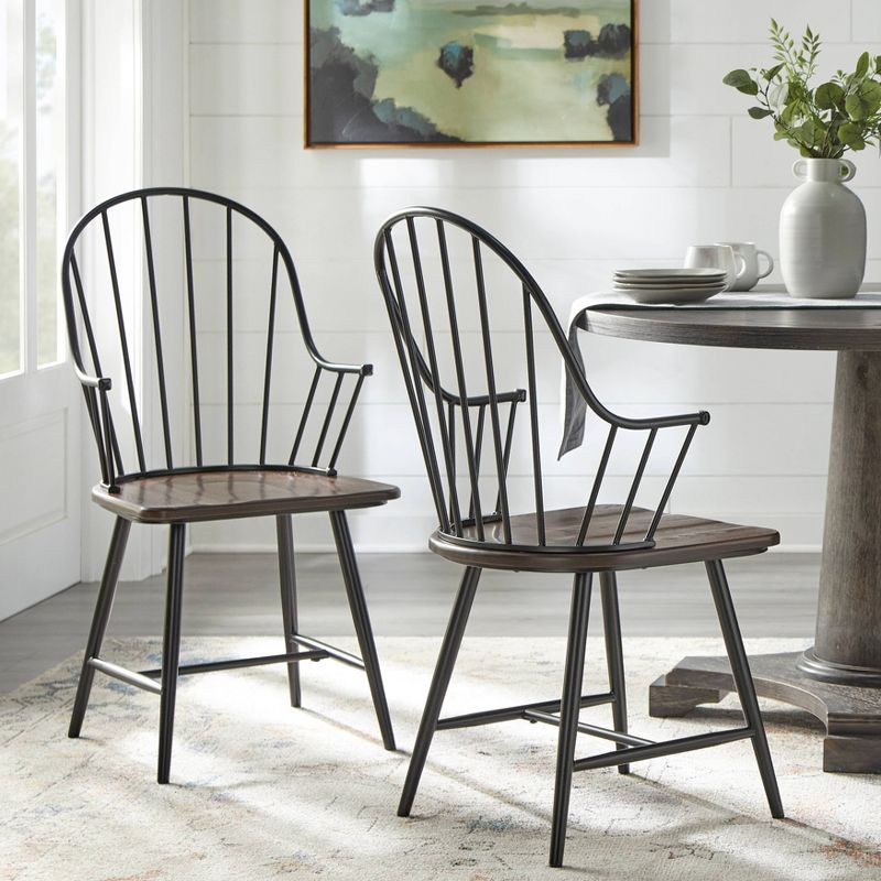 Set of 2 Milo Windsor Metal with Wood Seat Dining Armchairs Black/Espresso Brown - Buylateral, 3 of 7
