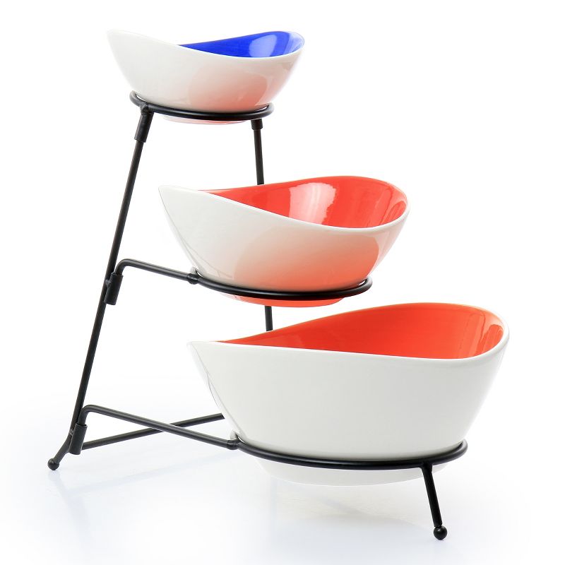 Gibson Home Crenshaw 4 Piece Hand Painted Stoneware 3-Tier Serving Bowl Set with Metal Rack, 2 of 9