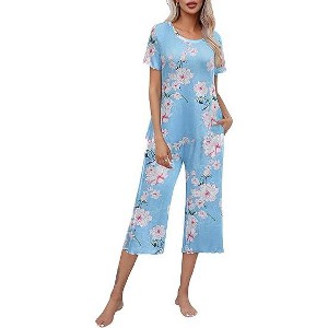 Ekouaer Capri Pajamas for Women Soft Pjs Set Short Sleeve Tee Top Loungewear Soft 2 Piece Sleepwear - 1 of 4