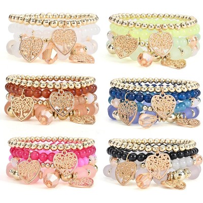 6 Sets Bohemian Stackable Stretch Bracelets Multi-color Boho Jewelry for Women with Various Charms
