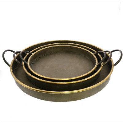 HomeRoots Set of Three Gray and Gold Round Tin Indoor Outdoor Serving Tray With Handles