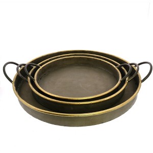 HomeRoots Set of Three Gray and Gold Round Tin Indoor Outdoor Serving Tray With Handles - 1 of 4