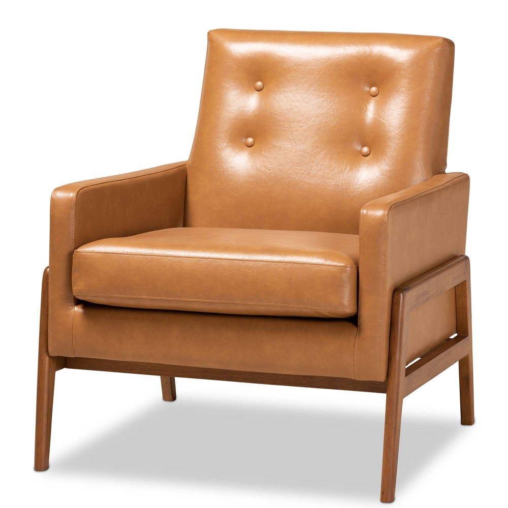 Photos - Chair Perris Mid-Century Faux Leather Upholstered Wood Lounge  Walnut/Brown